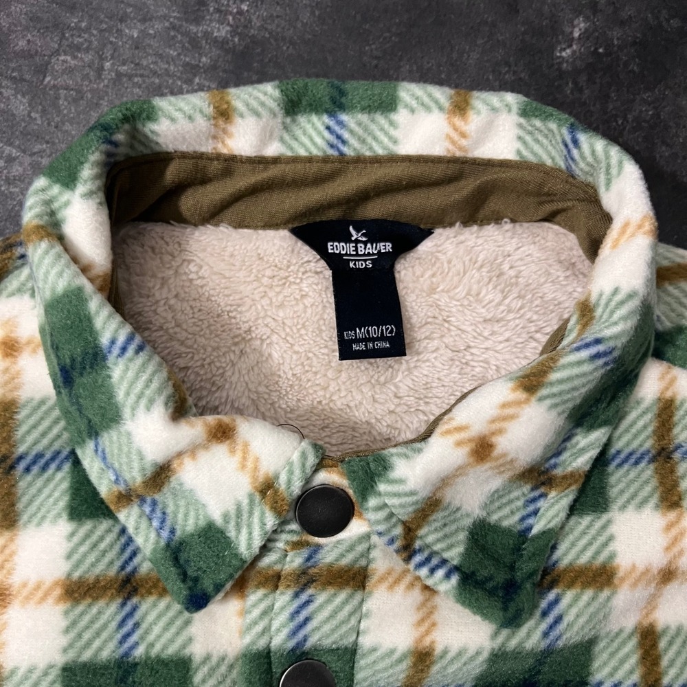 Eddie Bauer Fleece Shirt Jacket Kids M 10/12 Green Plaid Sherpa Lined Rugged - Picture 3 of 6
